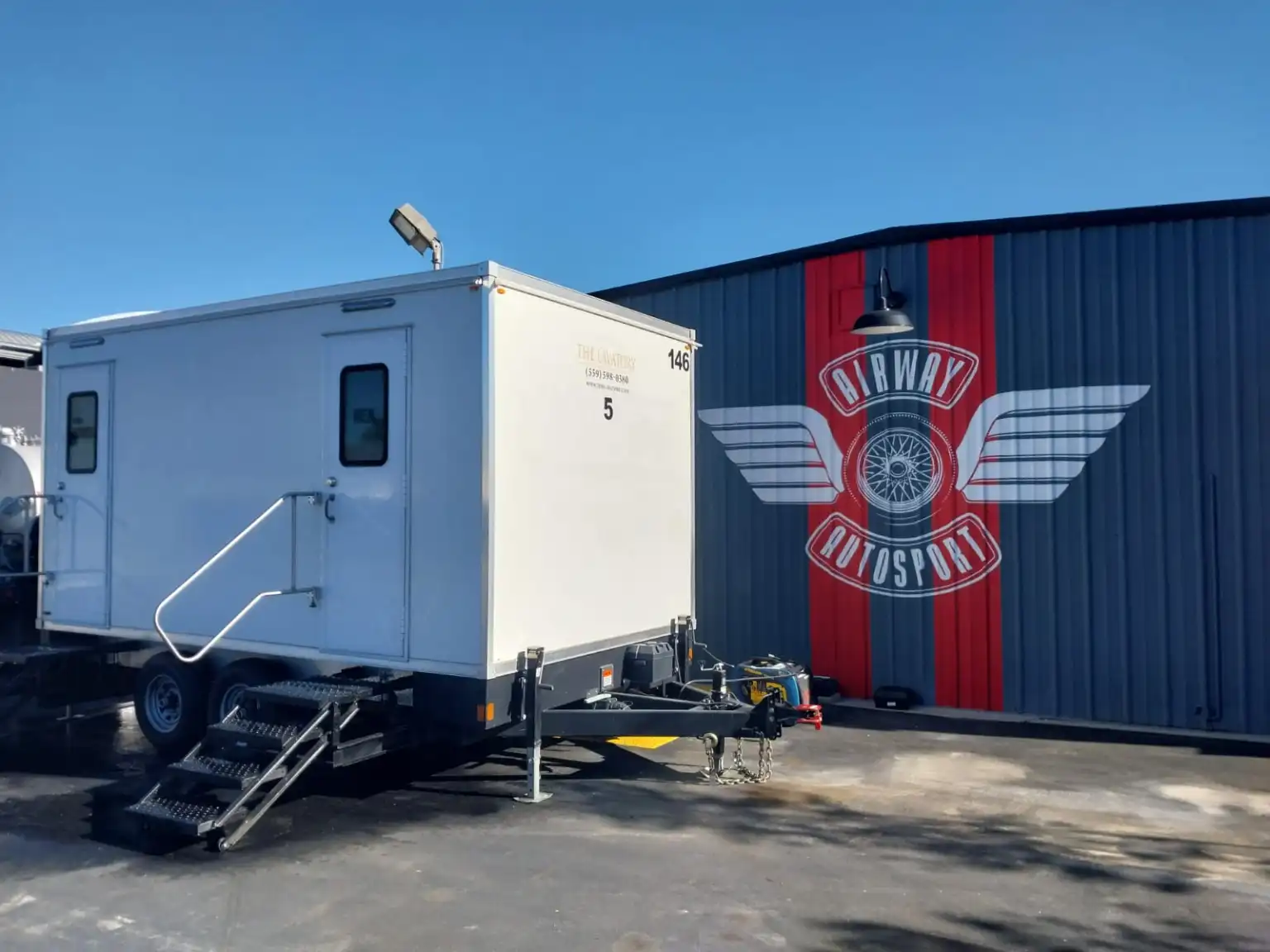 The Lavatory restroom trailer at Airway Autosport. Specialty shop expansion, staff coverage
