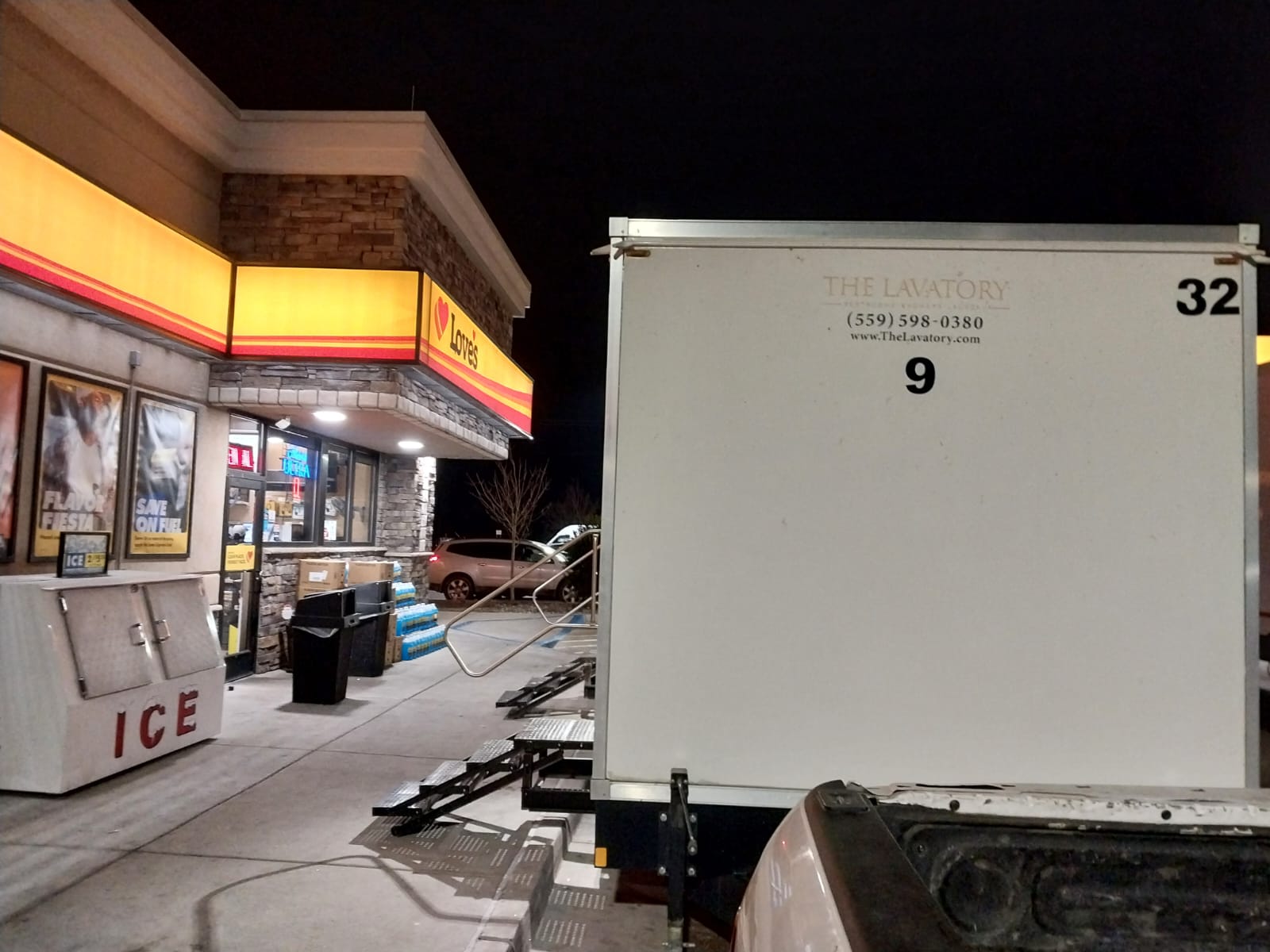 The Lavatory restroom trailer at Loves Travel Stop. Truck stop restroom remodel, 24/7 driver coverage