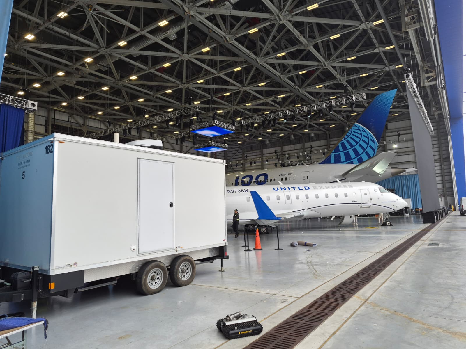The Lavatory restroom trailer at United Airlines. Hangar maintenance event, AOG crew support